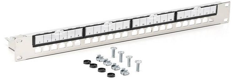 Produktbild: Digitus DN-91411-G 24 Port Patch-Panel 483 mm (19") 1 HE Stahl, Verzinkt, Schwarz, Schwarz (RAL 9005), Metall Unbest&uuml;ckt
