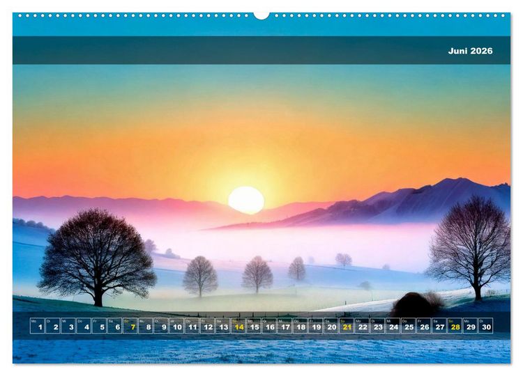 Produktbild: Verschneite Landschaft unter einer fahlen Wintersonne (hochwertiger Premium Wandkalender 2026 DIN A2 quer), Kunstdruck in Hochglanz