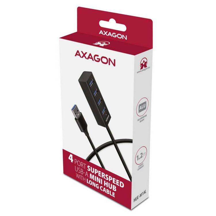 Produktbild: AXAGON HUE-M1AL USB-Hub 4 Port USB-A USB 3.2 Gen1 5 GBit/s Silber HUE-M1AL