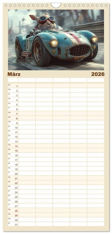 Produktbild: Familienplaner 2026 - Tierische Rennfahrer - Mit Tieren im Oldtimer durch das Jahr mit 5 Spalten (Wandkalender, 21 x 45 cm) CALVENDO