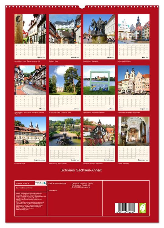 Produktbild: Sch&ouml;nes Sachsen-Anhalt (Wandkalender 2026 DIN A2 hoch), CALVENDO Monatskalender