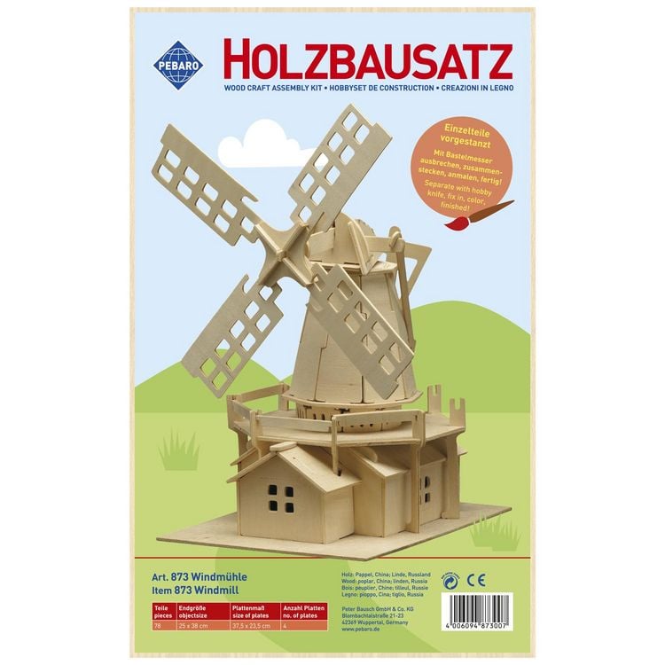 Produktbild: PEBARO 873 - Holzbausatz Windm&uuml;hle, 78 Teile, Holzkonstruktion zum Zusammenstecken