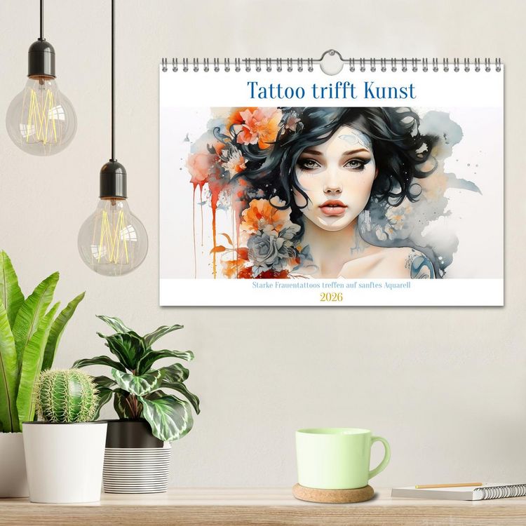 Produktbild: Tattoo trifft Kunst - Starke Tattoos treffen auf sanftes Aquarell (Wandkalender 2026 DIN A4 quer), CALVENDO Monatskalender