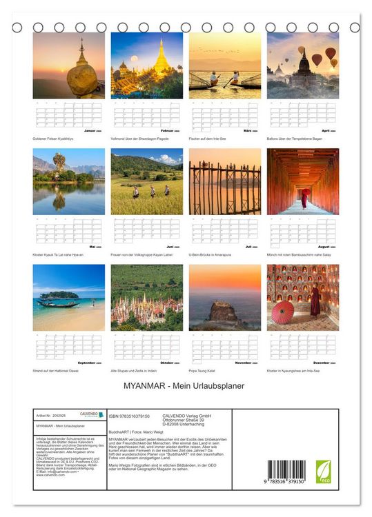 Produktbild: MYANMAR - Mein Urlaubsplaner (Tischkalender 2026 DIN A5 hoch), CALVENDO Monatskalender