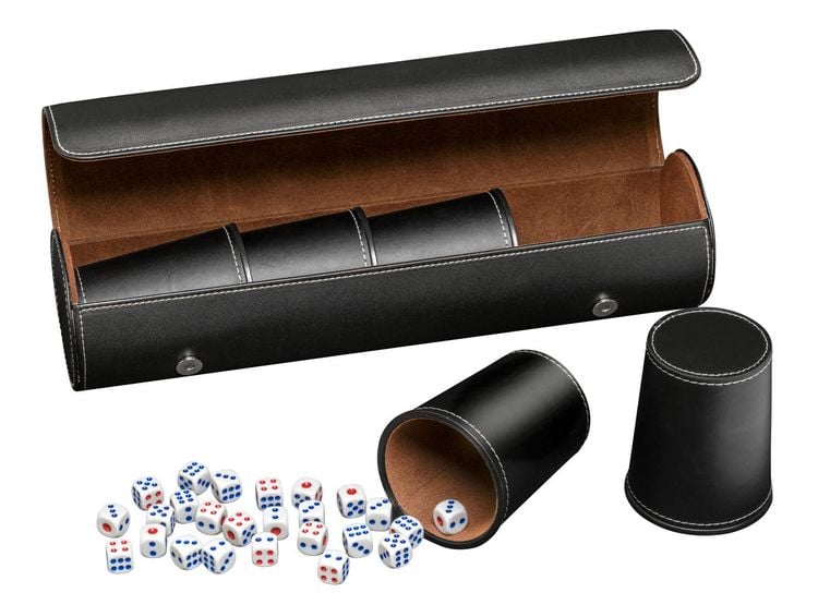 Produktbild: W&uuml;rfelbecher, 5er Set mit H&uuml;lle, schwarz, inkl. 25 W&uuml;rfel