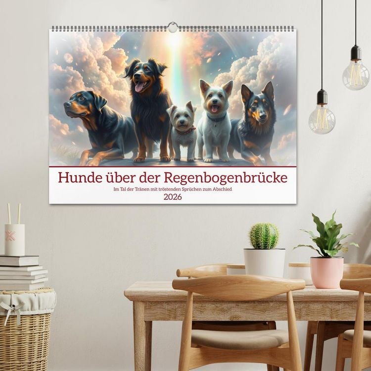 Produktbild: Hunde &uuml;ber der Regenbogenbr&uuml;cke (Wandkalender 2026 DIN A2 quer), CALVENDO Monatskalender