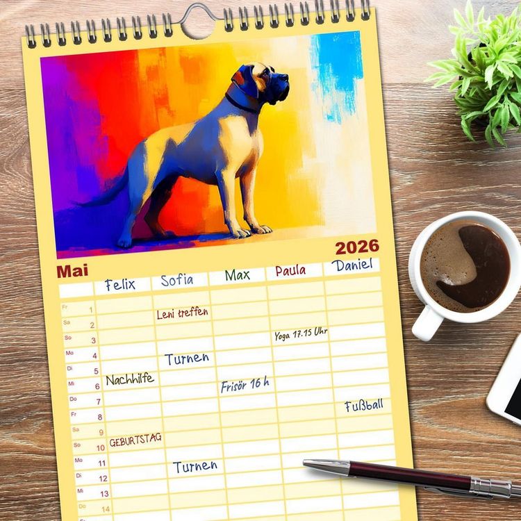 Produktbild: Familienplaner 2026 - Kraftvolle Partner. Hunde in k&uuml;nstlerischer &Ouml;loptik mit 5 Spalten (Wandkalender, 21 x 45 cm) CALVENDO
