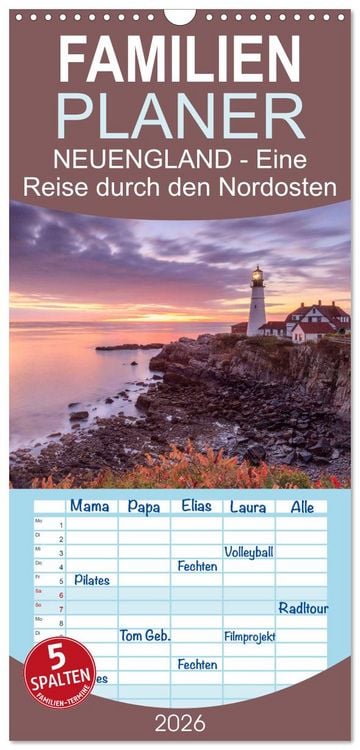 Produktbild: Familienplaner 2026 - NEUENGLAND - Eine Reise durch den Nordosten der USA mit 5 Spalten (Wandkalender, 21 x 45 cm) CALVENDO