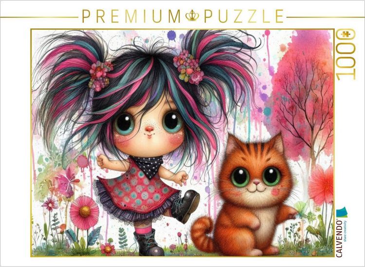 Produktbild: CALVENDO Puzzle Ein freches M&auml;dchen mit roten Haarstr&auml;hnen und eine rote Katze tanzen zusammen | 1000 Teile Lege-Gr&ouml;&szlig;e 64x48cm Foto-Puzzle f&uuml;r gl&uuml;ckli