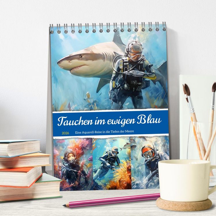 Produktbild: Tauchen im ewigen Blau. Eine Aquarell-Reise in die Tiefen der Meere (Tischkalender 2026 DIN A5 hoch), CALVENDO Monatskalender