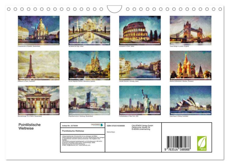 Produktbild: Pointilistische Weltreise (Wandkalender 2026 DIN A4 quer), CALVENDO Monatskalender