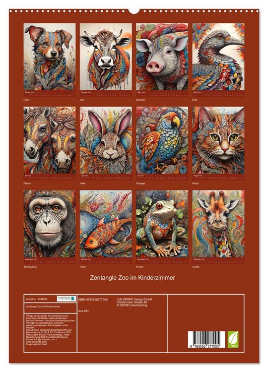 Produktbild: Zentangle Zoo im Kinderzimmer (hochwertiger Premium Wandkalender 2026 DIN A2 hoch), Kunstdruck in Hochglanz