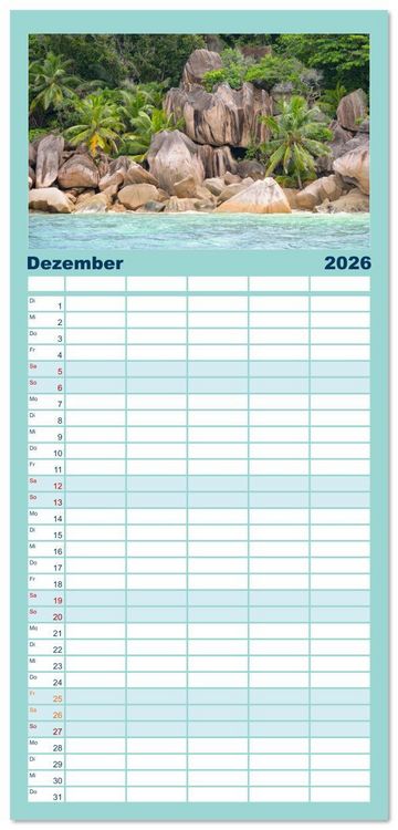 Produktbild: Familienplaner 2026 - Seychellen - unterwegs mit Julia Hahn mit 5 Spalten (Wandkalender, 21 x 45 cm) CALVENDO