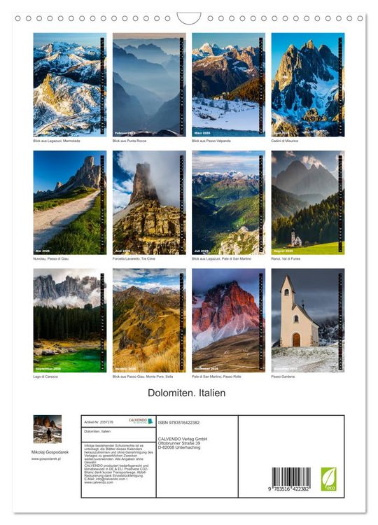 Produktbild: Dolomiten. Italien (Wandkalender 2026 DIN A3 hoch), CALVENDO Monatskalender