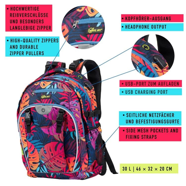 Produktbild: Wheel Bee 950029 - Rucksack Generation Z, Monstera, mit integriertem LED, Schul-, Freizeit- und Sportrucksack