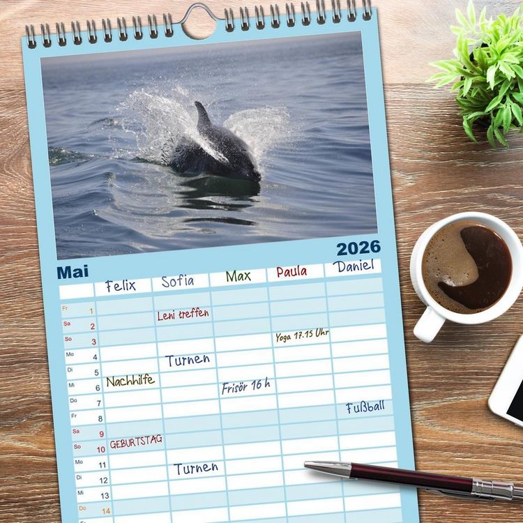 Produktbild: Familienplaner 2026 - Delfine - L&auml;chelnde Intelligenz mit 5 Spalten (Wandkalender, 21 x 45 cm) CALVENDO