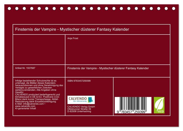 Produktbild: Finsternis der Vampire - Mystischer d&uuml;sterer Fantasy Kalender (Tischkalender 2026 DIN A5 quer), CALVENDO Monatskalender