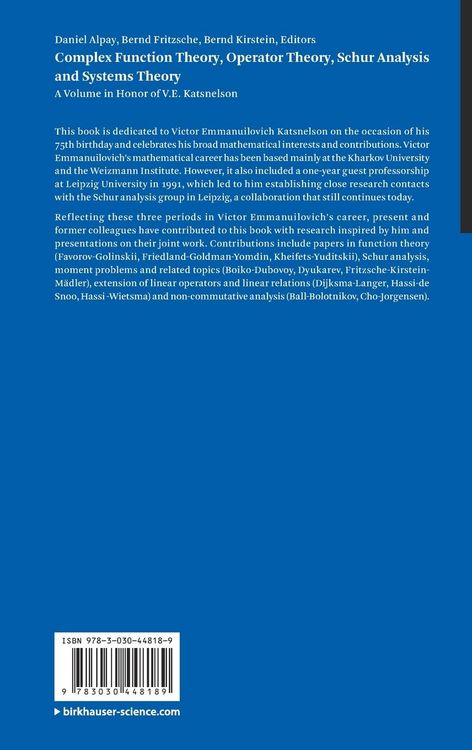 Produktbild: Complex Function Theory, Operator Theory, Schur Analysis and Systems Theory