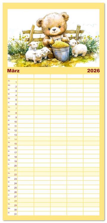 Produktbild: Familienplaner 2026 - Teddy auf dem Bauernhof - Entdecke das Landleben mit Tieren und Feldern mit 5 Spalten (Wandkalender, 21 x 45 cm) CALVENDO