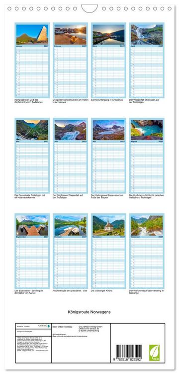 Produktbild: Familienplaner 2027 - K&ouml;nigsroute Norwegens mit 5 Spalten (Wandkalender, 21 x 45 cm) CALVENDO