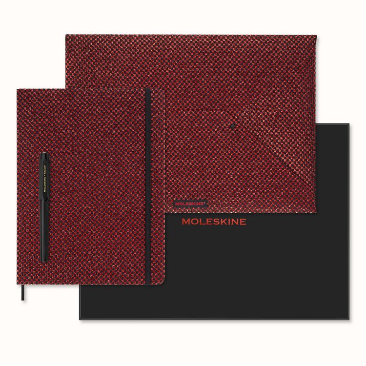 Produktbild: Moleskine Shine Sammlerbox Notizbuch rot (XL, liniert, fester Einband) Umschlag rot Kaweco F&uuml;llfederhalter, schwarz