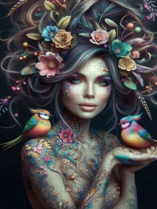 Produktbild: CALVENDO Puzzle Portrait einer Frau mit grau bunten organischen Haarschmuck und Paradiesv&ouml;geln auf der Hand | 2000 Teile Lege-Gr&ouml;&szlig;e 90x67cm Foto-Puzzl