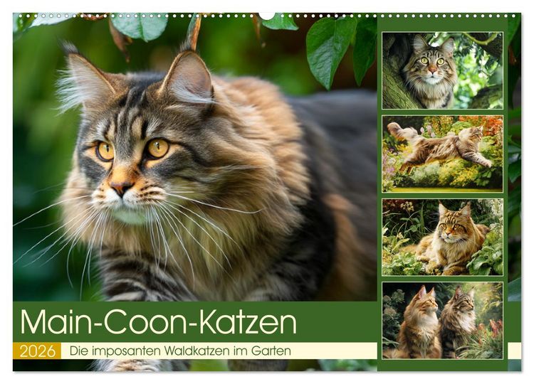 Produktbild: Main-Coon-Katzen. Die imposanten Waldkatzen im Garten (Wandkalender 2026 DIN A2 quer), CALVENDO Monatskalender