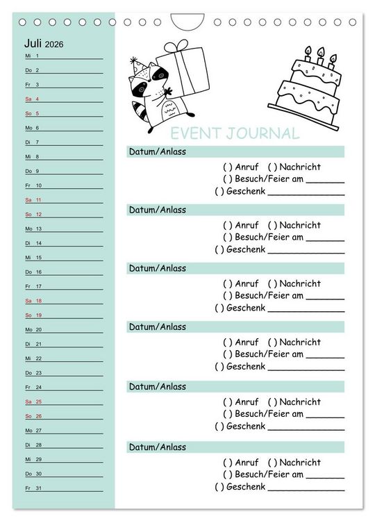 Produktbild: Geburtstagsplaner Doodle Tiere - F&uuml;r Termine, Geschenke, Eventdetails & mehr (Wandkalender 2026 DIN A4 hoch), CALVENDO Monatskalender