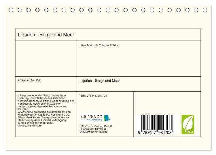 Produktbild: Ligurien - Berge und Meer (Tischkalender 2026 DIN A5 quer), CALVENDO Monatskalender