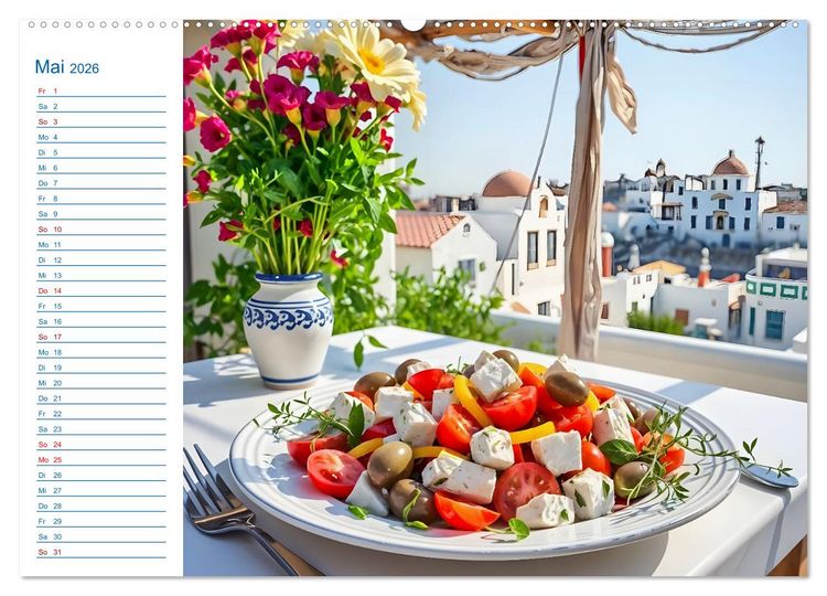 Produktbild: Zw&ouml;lf Teller Sonne &ndash; Kulinarisch durchs Griechenjahr (hochwertiger Premium Wandkalender 2026 DIN A2 quer), Kunstdruck in Hochglanz