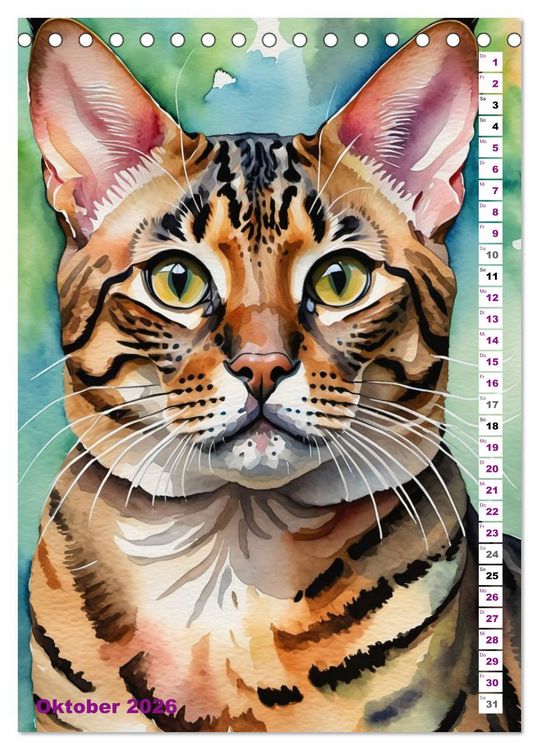Produktbild: KATZENKALENDER - Aquarell Katzenportraits f&uuml;r Katzenliebhaber (Tischkalender 2026 DIN A5 hoch), CALVENDO Monatskalender