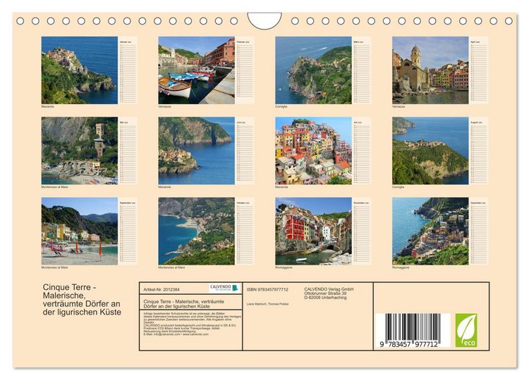 Produktbild: Cinque Terre - Malerische, vertr&auml;umte D&ouml;rfer an der ligurischen K&uuml;ste (Wandkalender 2026 DIN A4 quer), CALVENDO Monatskalender
