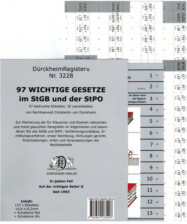 Produktbild: D&uuml;rckheimRegister&reg; StGB+StPO - 97 WICHTIGE &sect;&sect; im Strafrecht u. Strafprozessrecht OHNE