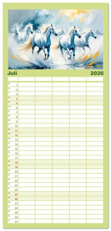 Produktbild: Familienplaner 2026 - Jahr des Pferdes - Der unbez&auml;hmbare Geist der Pferde mit 5 Spalten (Wandkalender, 21 x 45 cm) CALVENDO