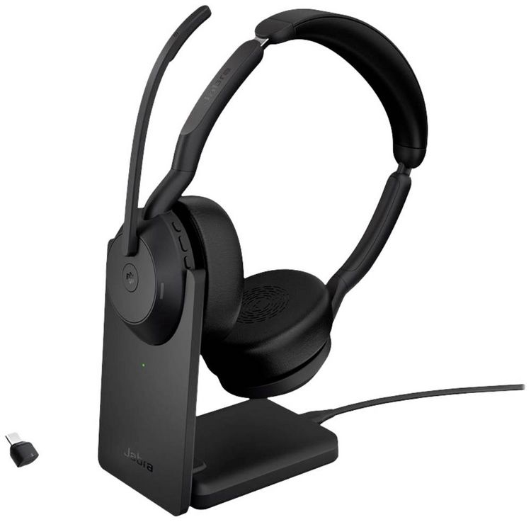 Produktbild: Jabra Evolve 2 55 MS Stereo On Ear Headset Bluetooth&reg; Stereo Schwarz Noise Cancelling, Mikrofon-Rauschunterdr&uuml;ckung inkl. Lade- und Dockingstation