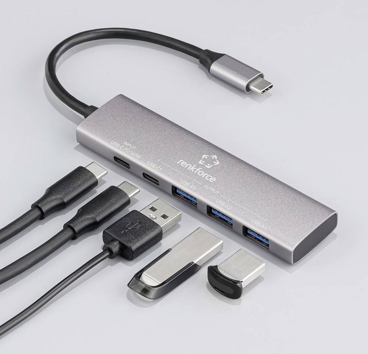 Produktbild: Renkforce RF-6676604 USB-Hub 3+1 Port USB-A, USB-C&reg; USB 3.2 Gen1 5 GBit/s mit Aluminiumgeh&auml;use, USB-C&reg; PD Ladeanschluss Grau RF-USBH-300