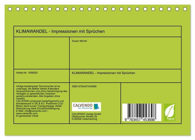 Produktbild: KLIMAWANDEL - Impressionen mit Spr&uuml;chen (Tischkalender 2026 DIN A5 quer), CALVENDO Monatskalender