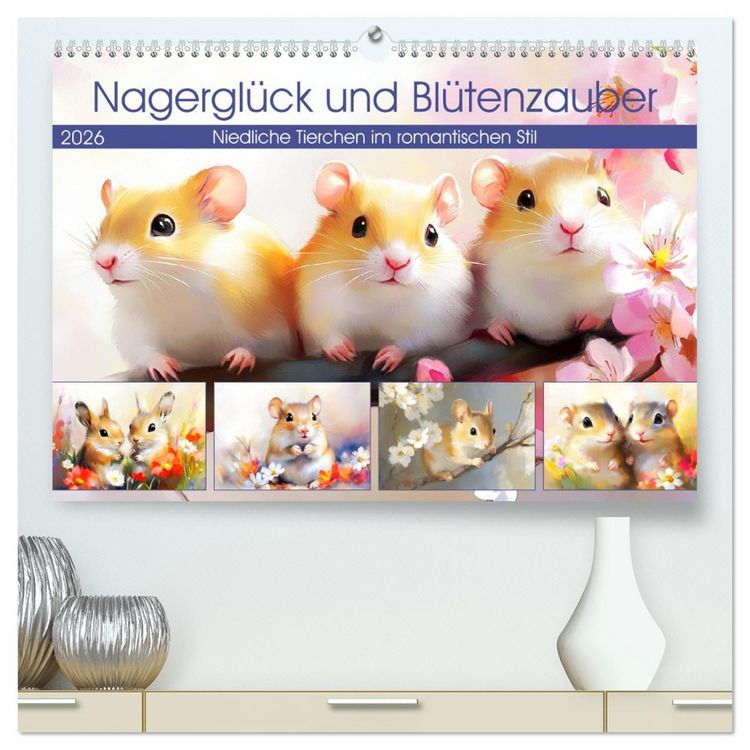 Produktbild: Nagergl&uuml;ck und Bl&uuml;tenzauber. Niedliche Tierchen im romantischen Stil (hochwertiger Premium Wandkalender 2026 DIN A2 quer), Kunstdruck in Hochglanz