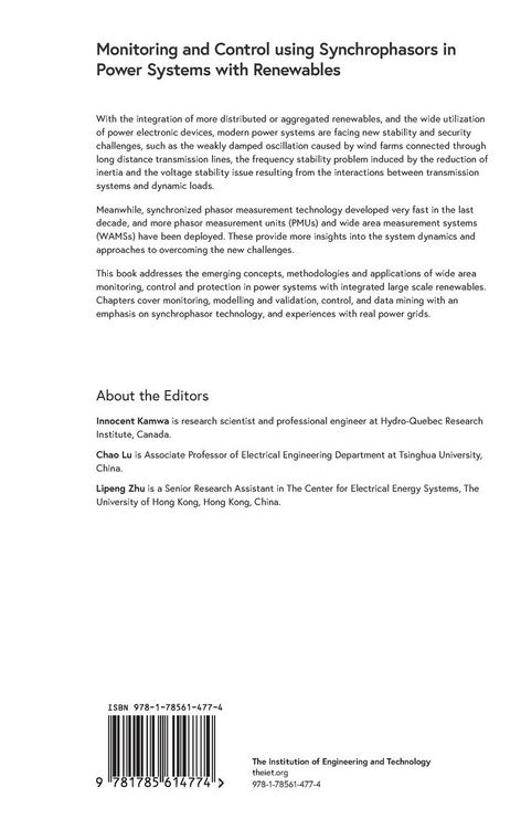 Produktbild: Monitoring and Control Using Synchrophasors in Power Systems with Renewables