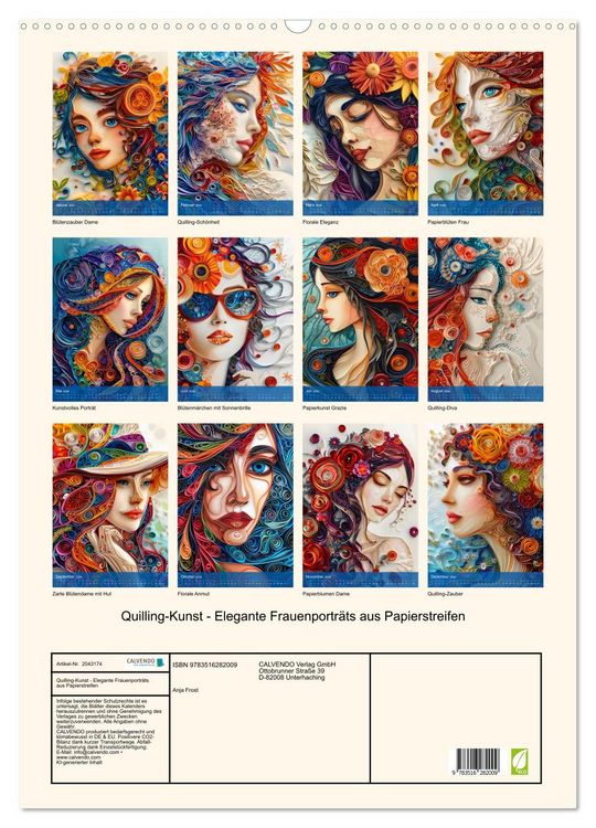 Produktbild: Quilling-Kunst - Elegante Frauenportr&auml;ts aus Papierstreifen (Wandkalender 2026 DIN A2 hoch), CALVENDO Monatskalender