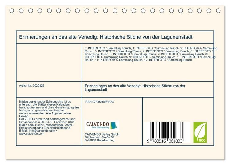 Produktbild: Erinnerungen an das alte Venedig: Historische Stiche von der Lagunenstadt (Tischkalender 2026 DIN A5 quer), CALVENDO Monatskalender