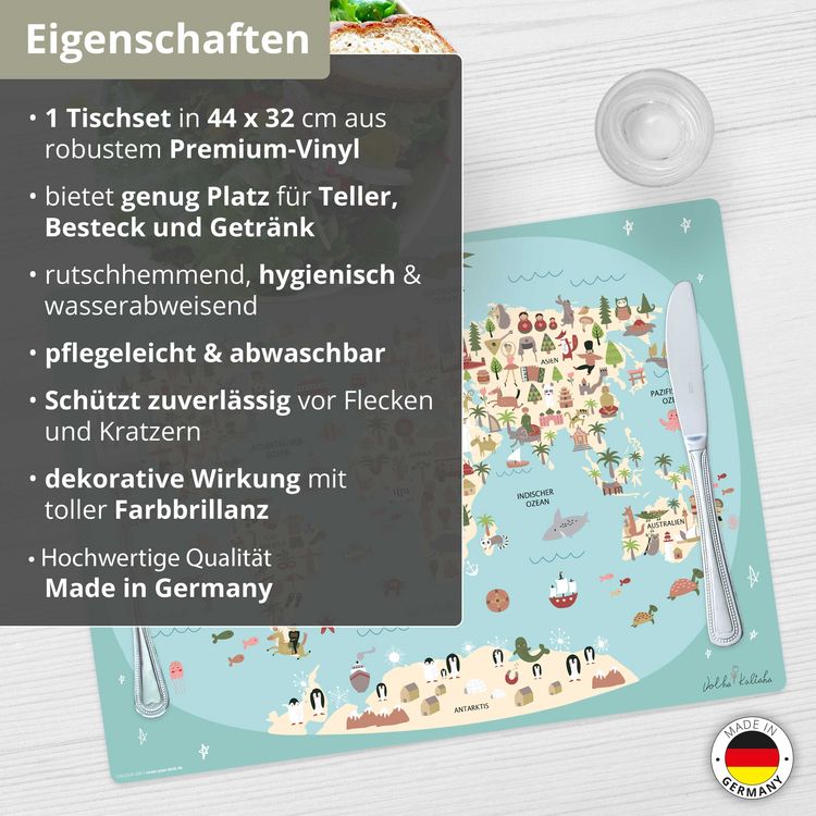 Produktbild: Tischsetmacher Tischset f&uuml;r Kinder Weltkarte in blau mit Tieren in deutsch, aus hochwertigem Vinyl , 44 x 32 cm