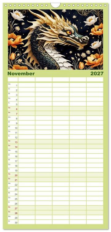 Produktbild: Familienplaner 2027 - Drachen - Mystische Wesen mit 5 Spalten (Wandkalender, 21 x 45 cm) CALVENDO