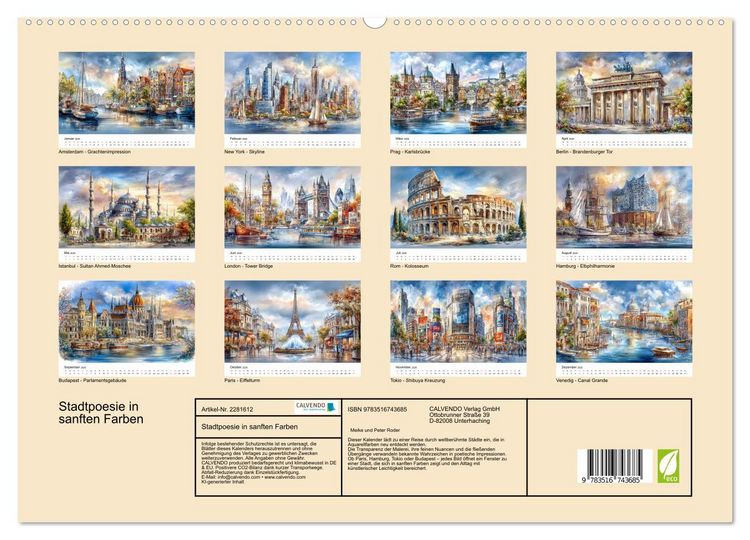 Produktbild: Stadtpoesie in sanften Farben (hochwertiger Premium Wandkalender 2026 DIN A2 quer), Kunstdruck in Hochglanz