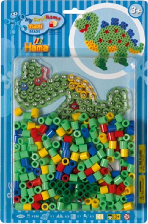 Produktbild: Hama Maxiperlenset Dinosaurier, circa 250 Bügelperlen, eine Stiftplatte und ein Bügelpapier