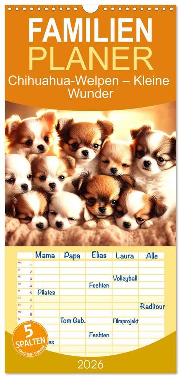 Produktbild: Familienplaner 2026 - Chihuahua-Welpen &ndash; Kleine Wunder mit 5 Spalten (Wandkalender, 21 x 45 cm) CALVENDO