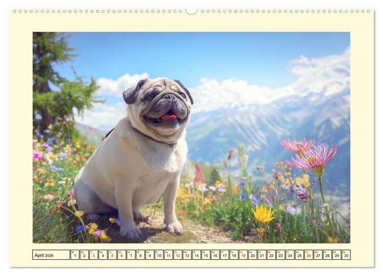 Produktbild: Mops trifft Berglust. Fidele Gipfelst&uuml;rmer im H&ouml;henrausch (hochwertiger Premium Wandkalender 2026 DIN A2 quer), Kunstdruck in Hochglanz