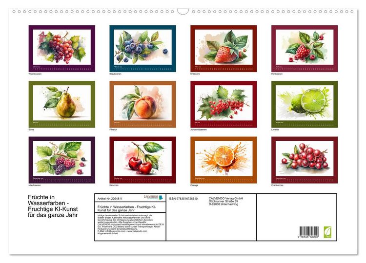 Produktbild: Fr&uuml;chte in Wasserfarben - Fruchtige KI-Kunst f&uuml;r das ganze Jahr (Wandkalender 2026 DIN A2 quer), CALVENDO Monatskalender