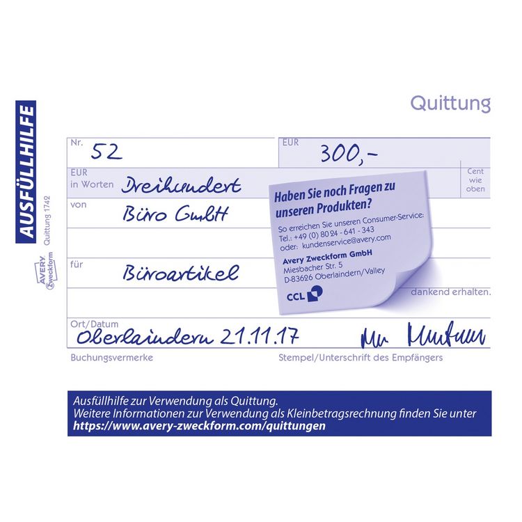Produktbild: AVERY Zweckform Quittung Kleinunternehmer selbstdurchschreibend DIN A6 quer 2x40