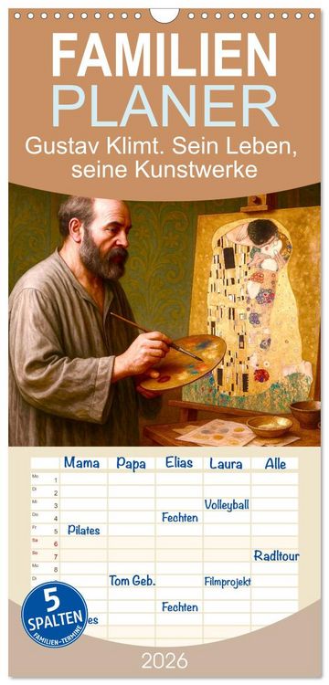 Produktbild: Familienplaner 2026 - Gustav Klimt. Sein Leben, seine Kunstwerke mit 5 Spalten (Wandkalender, 21 x 45 cm) CALVENDO